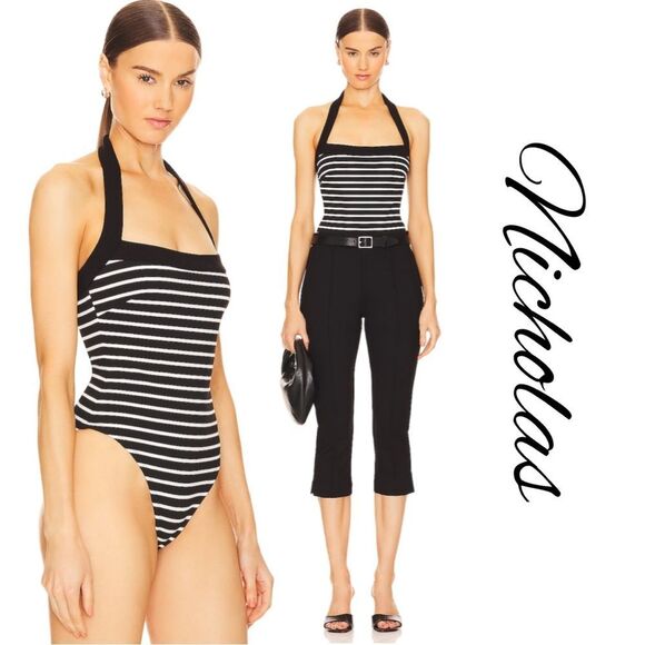 Nicholas Black and White Striped Bodysuit Sz M Like New - Picture 1 of 11